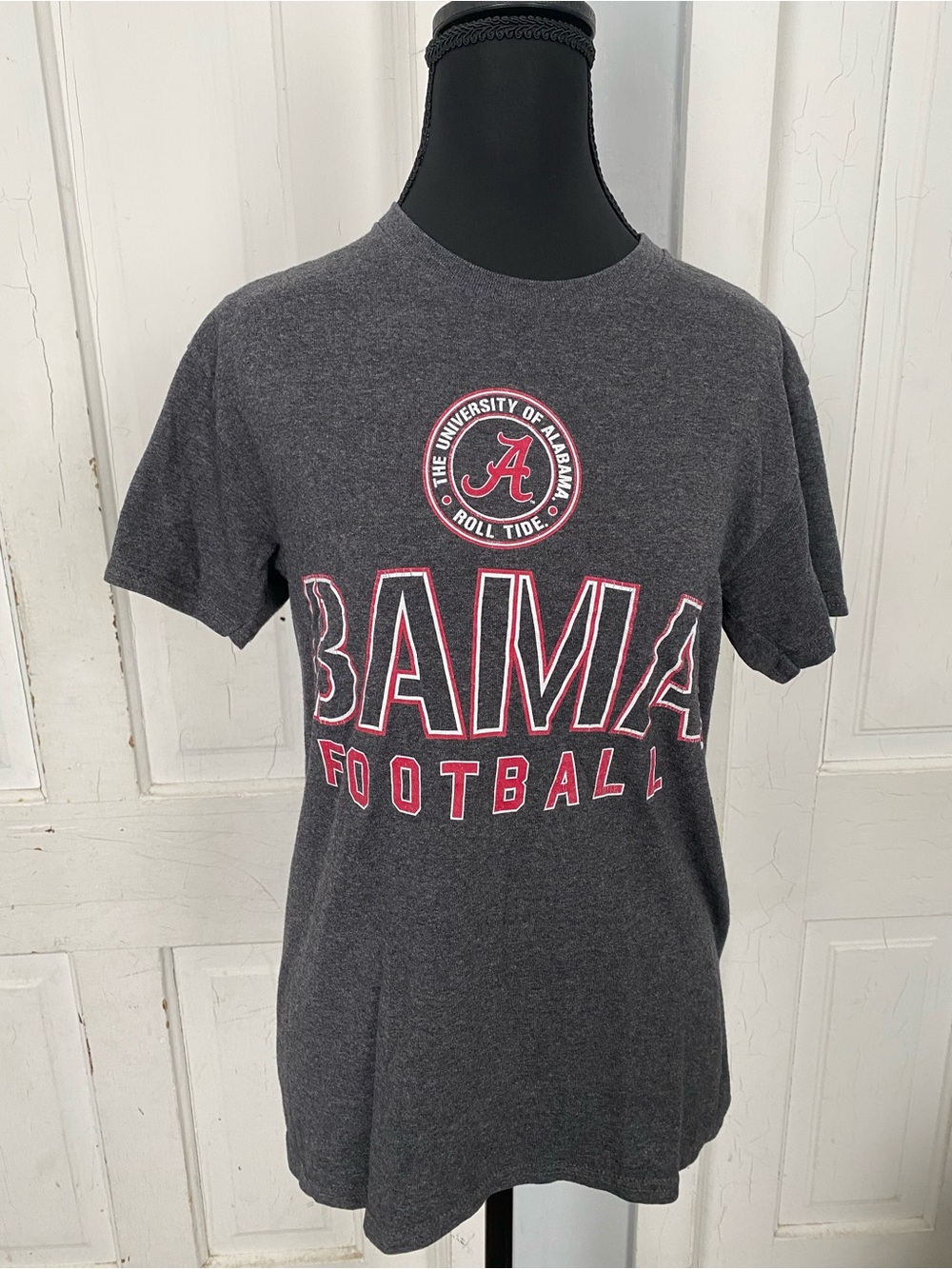 Delta Charcoal Tee with Crimson and White Football Graphic